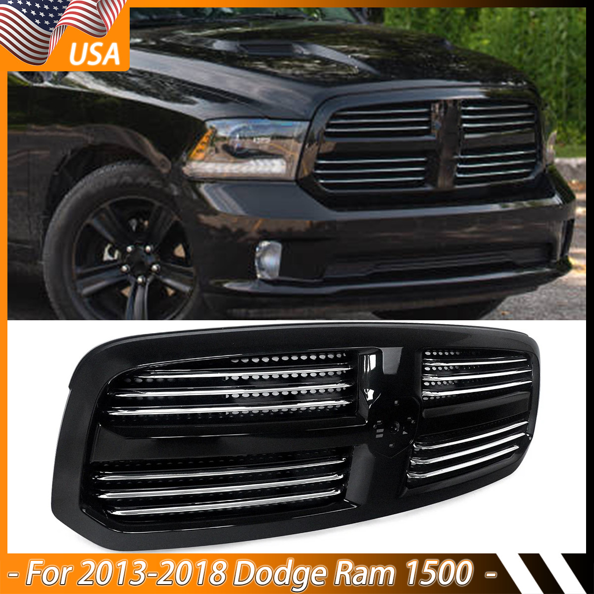 For Dodge Ram 1500 2013-2018 Brilliant Black & Chrome Trim Front Grille Assembly