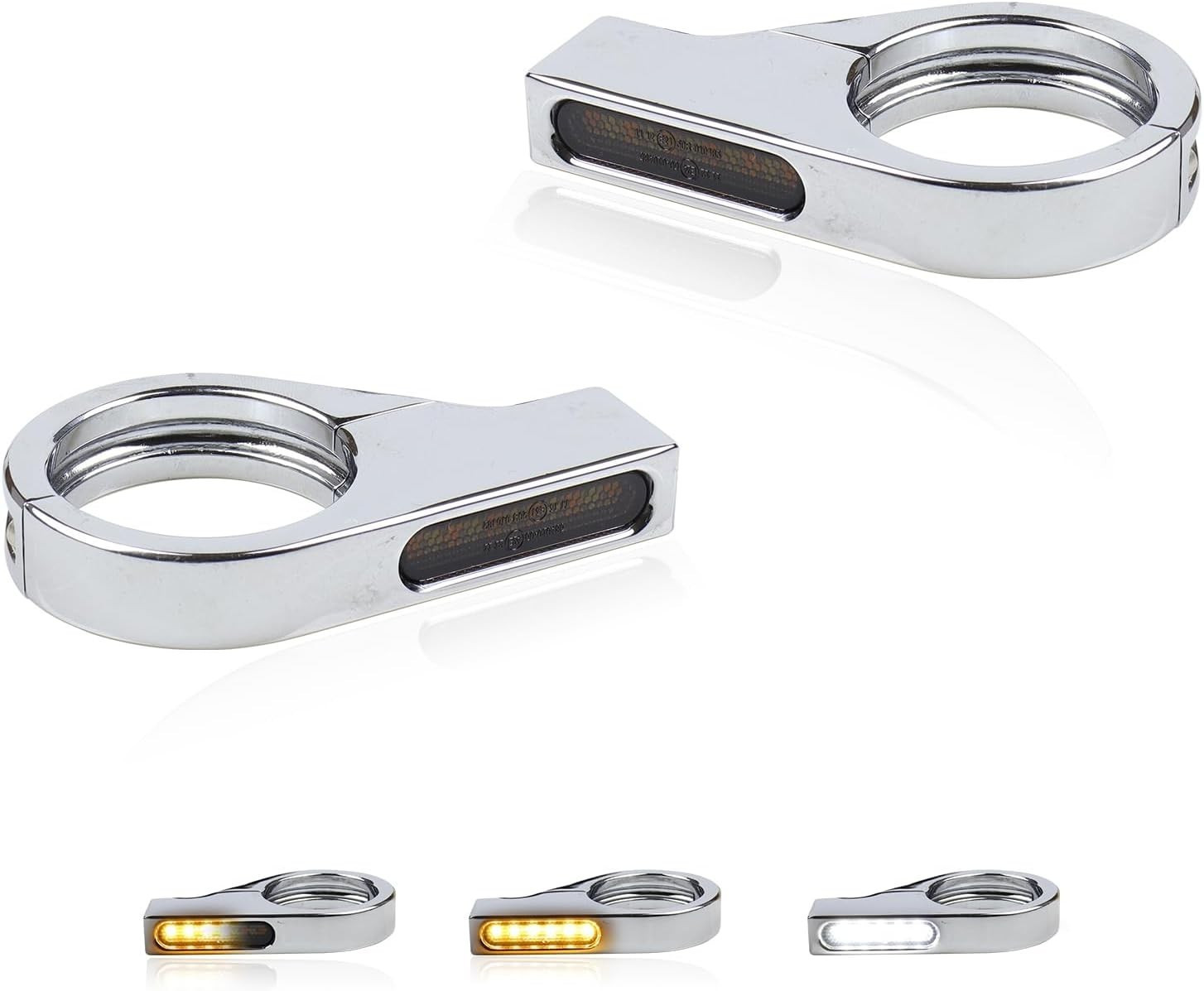 41mm Fork Mount LED Turn Signals Motorcycle White DRL Amber Chrome Pair 41mm Fork Mount LED Turn Signals Motorcycle White DRL Amber Chrome Pair