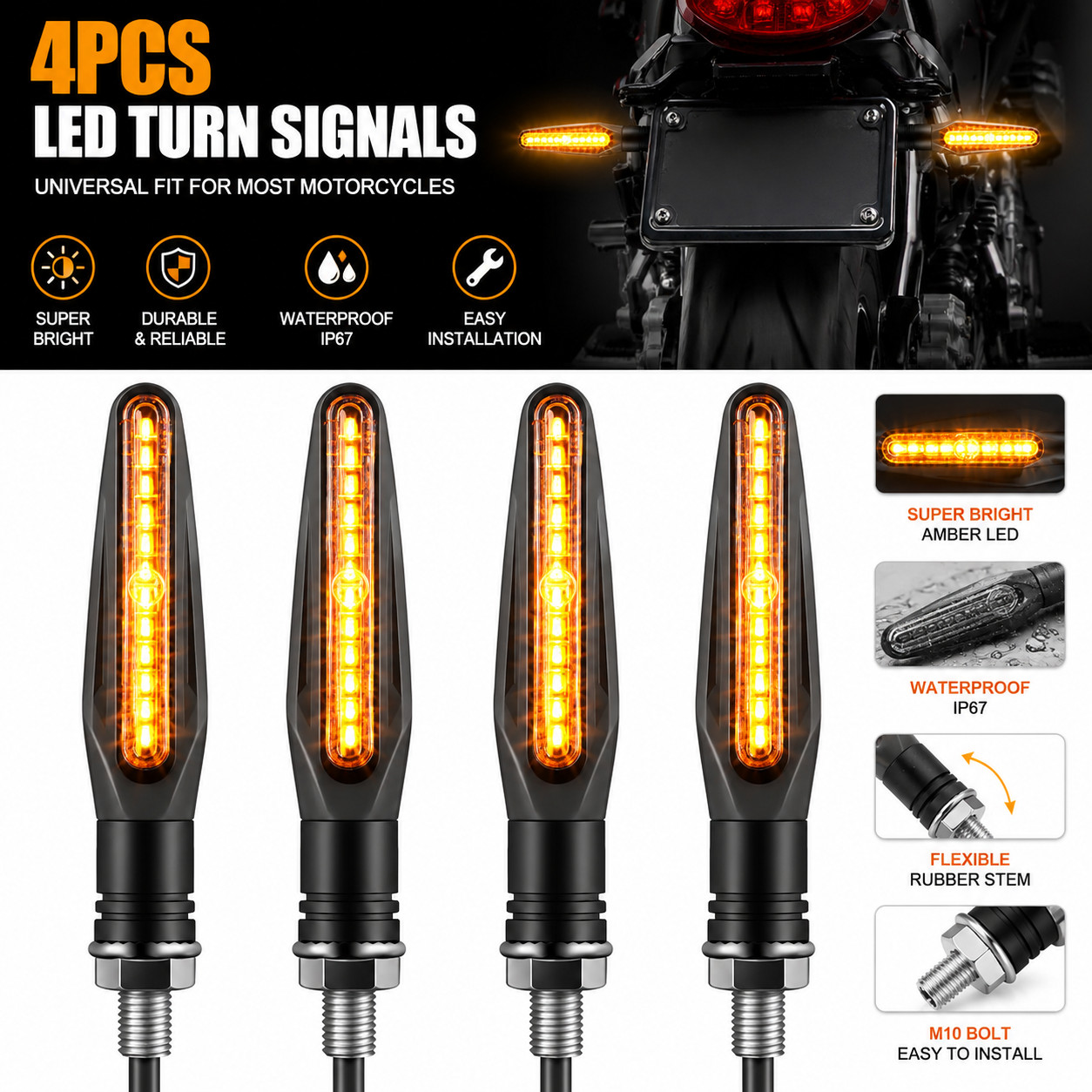 Universal 4PCS Motorcycle Led Turn Signal Indicator Blinker Amber Lights Durable