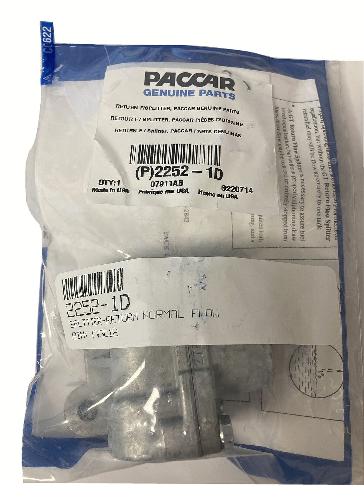 NEW GENUINE PACCAR NORMAL FLOW FUEL RETURN SPLITTER  1/2