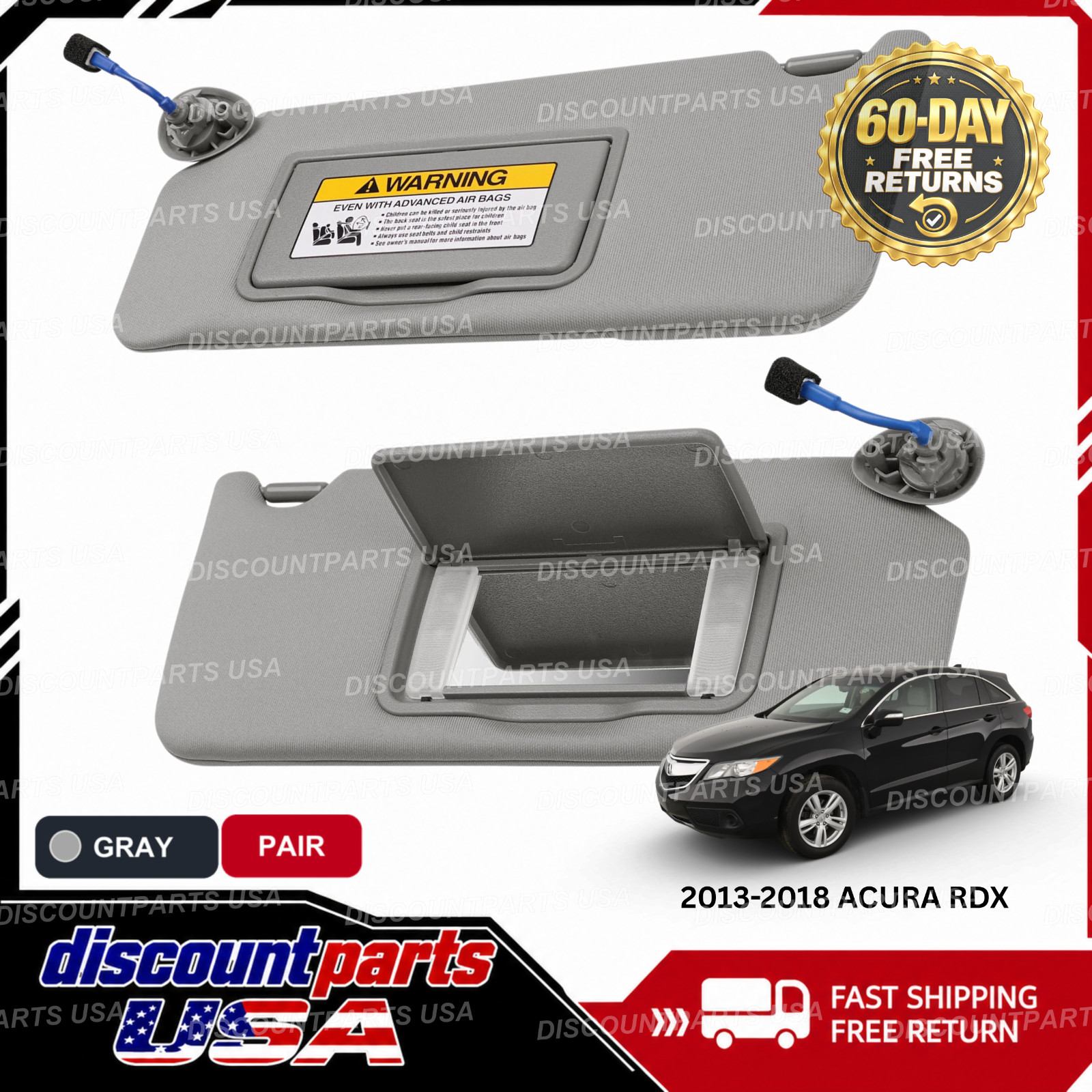 For 2013 - 2018 Acura RDX Gray Pair Sun Visor w/ Light & Mirror [NEW]