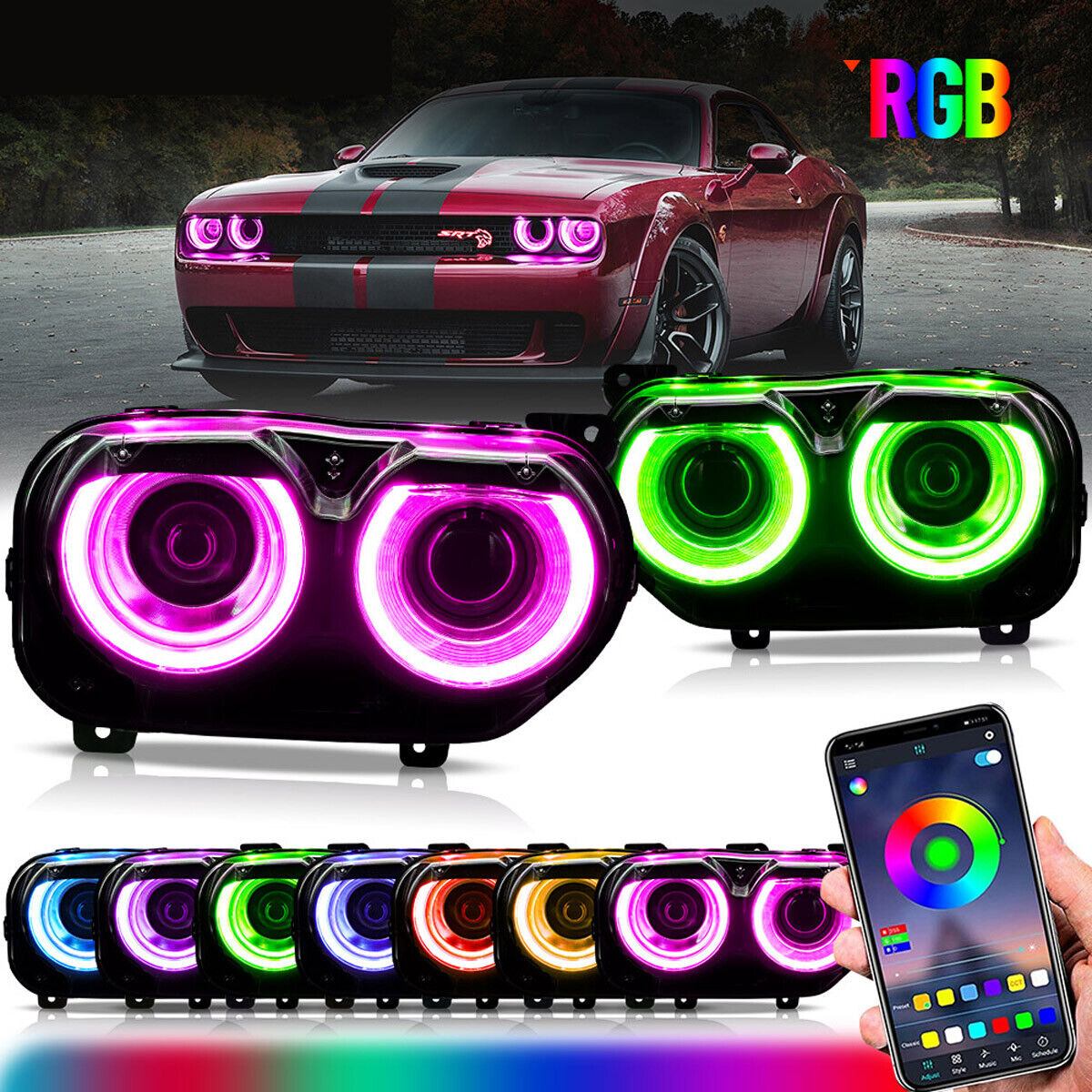 VLAND Pair Headlights RGB DRL Set For For 2015-2023 Dodge Challenger Front Lamps