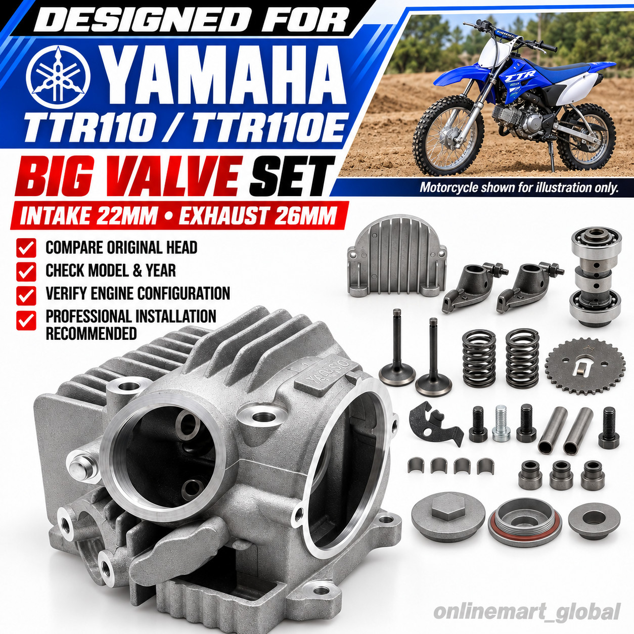 Racing Cylinder Head Full Set Yamaha TTR110 22mm IN 26mm EX Valve Complete Set