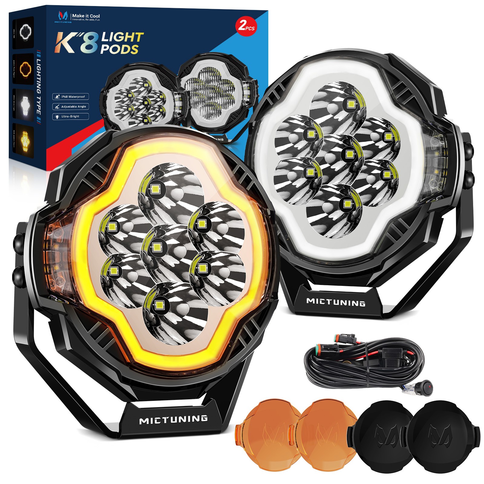 MICTUNING K8 2PCS 5-Inch LED White Amber Driving/Combo Light 70W 5100 Lumens