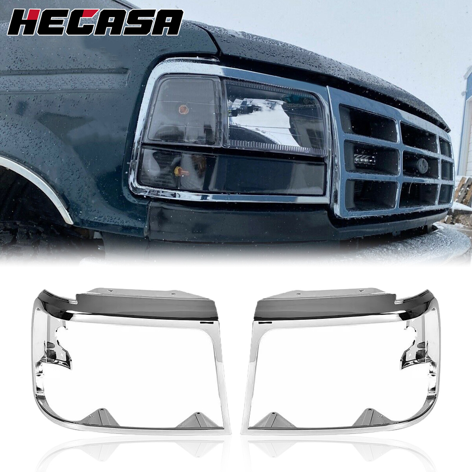 HECASA Chrome Headlights Trim Bezel Pair For 1992-1996 Ford Bronco F150 Pickup