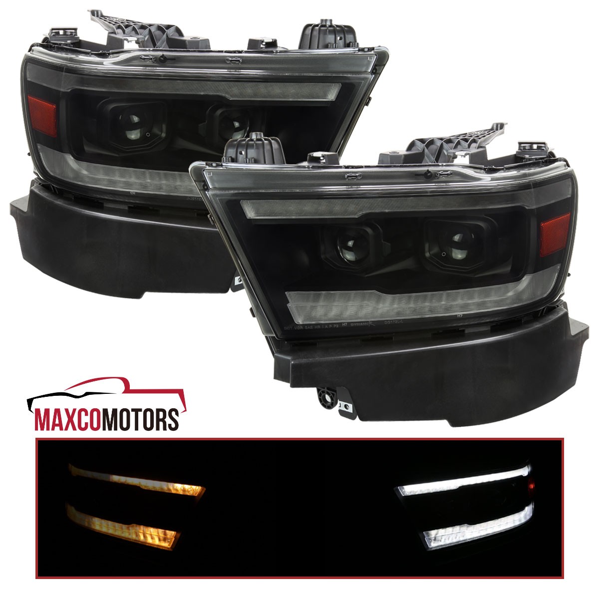Smoke Projector Headlights Fits 2019-2023 Dodge Ram 1500 DRL Switchback LED Tube
