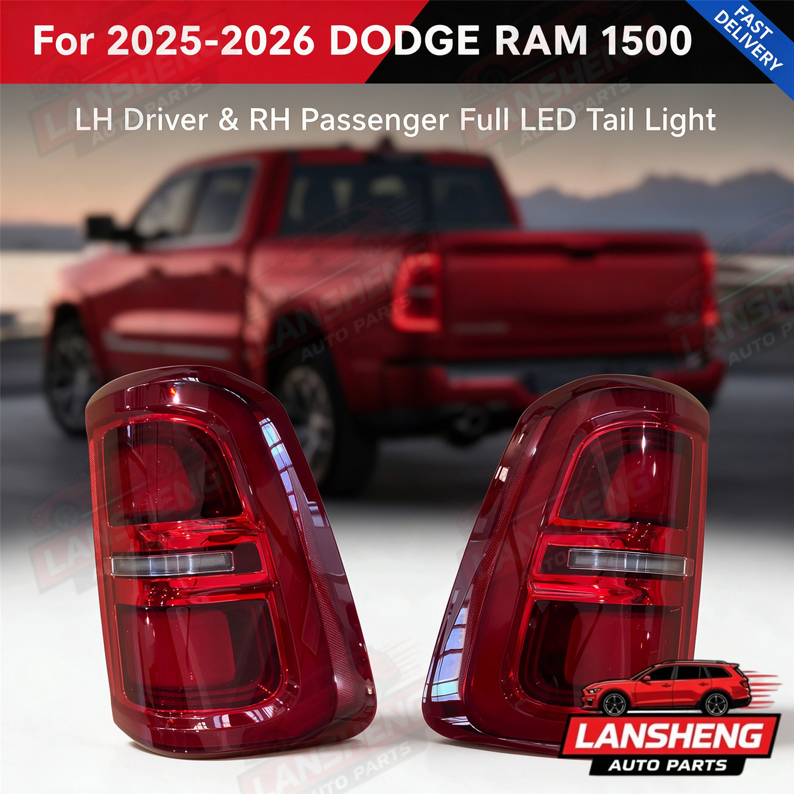 LH Driver & RH Passenger Full LED Tail Light Fit For 2025-26 Dodge Ram 1500 Pair