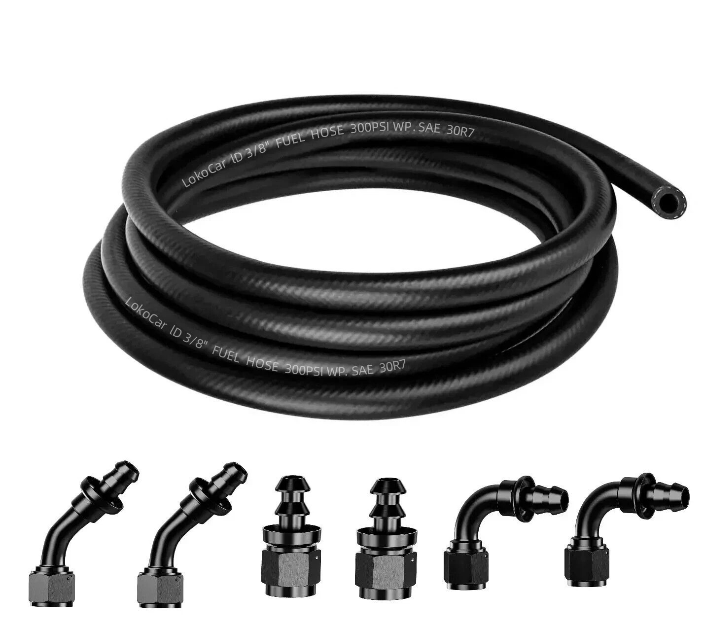 Rubber Fuel Line Kits 3/8'' (9.5mm) ID 25ft Hose 6AN Push Lock Fittings Barb End