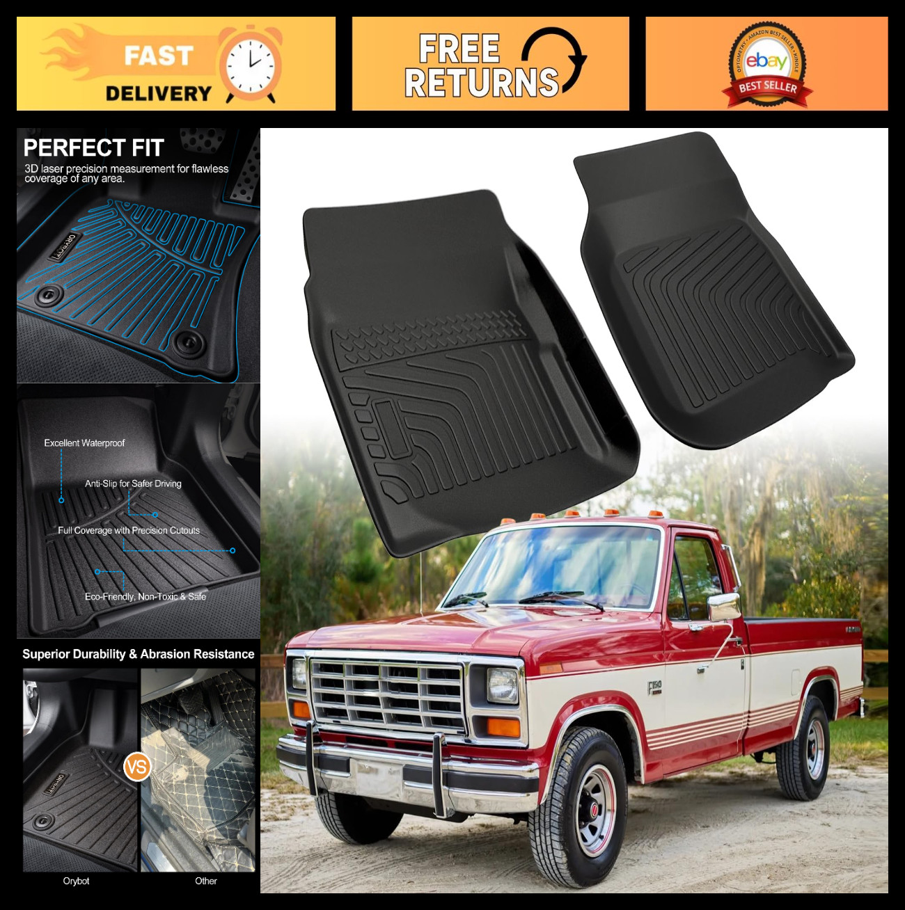 Custom Fit Floor Mats for 1980-1996 Ford F150 Bronco F250 F350 1980-1997