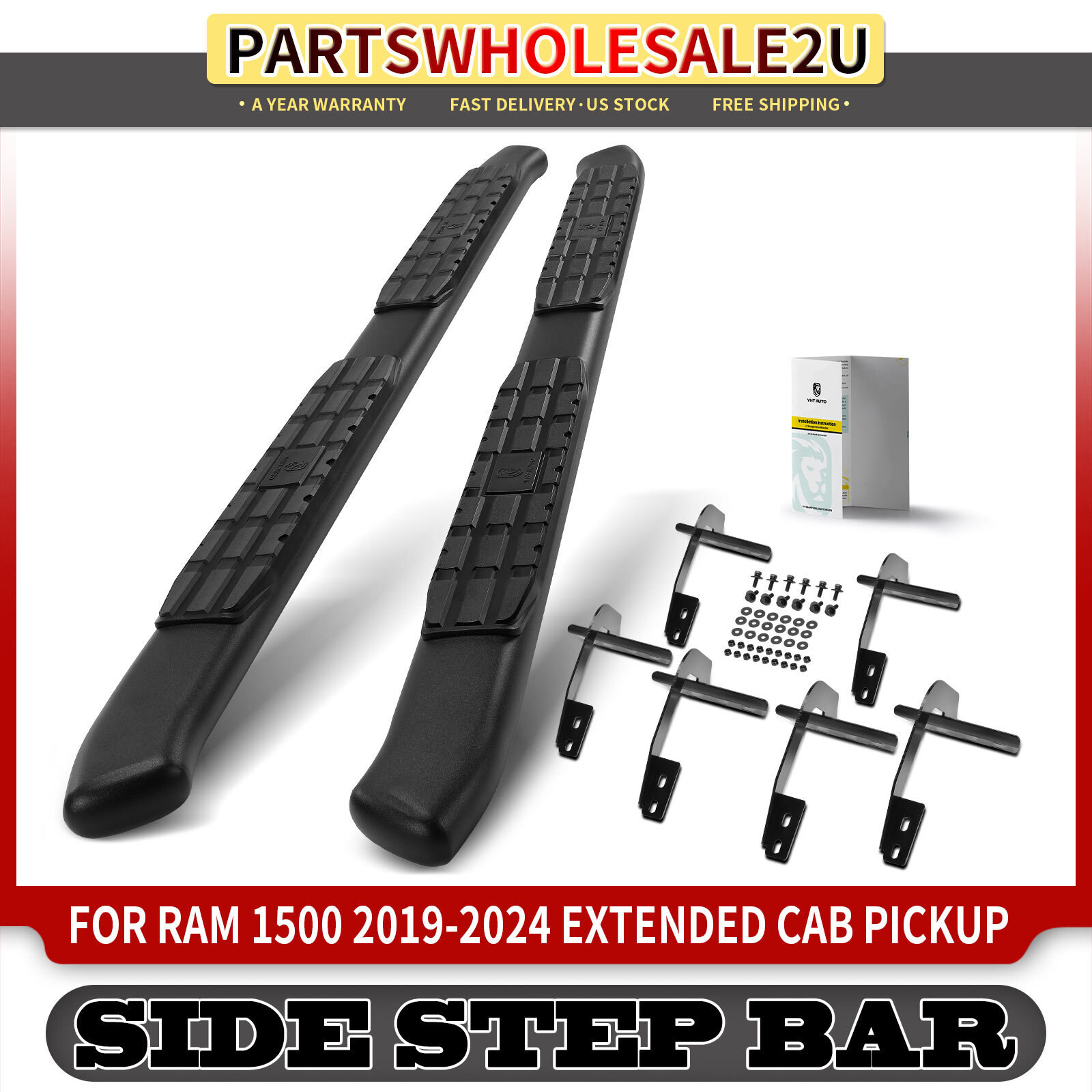 4.25Inch Textured Black Steel Side Step Bars for Ram 1500 2019 2020 2021-2025