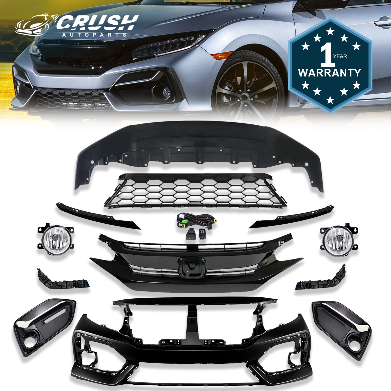 12Pcs Front Bumper Kit w/ Grille & Fog Light For 2020-2021 Honda Civic Hatchback 12Pcs Front Bumper Kit w/ Grille & Fog Light For 2020-2021 Honda Civic Hatchback