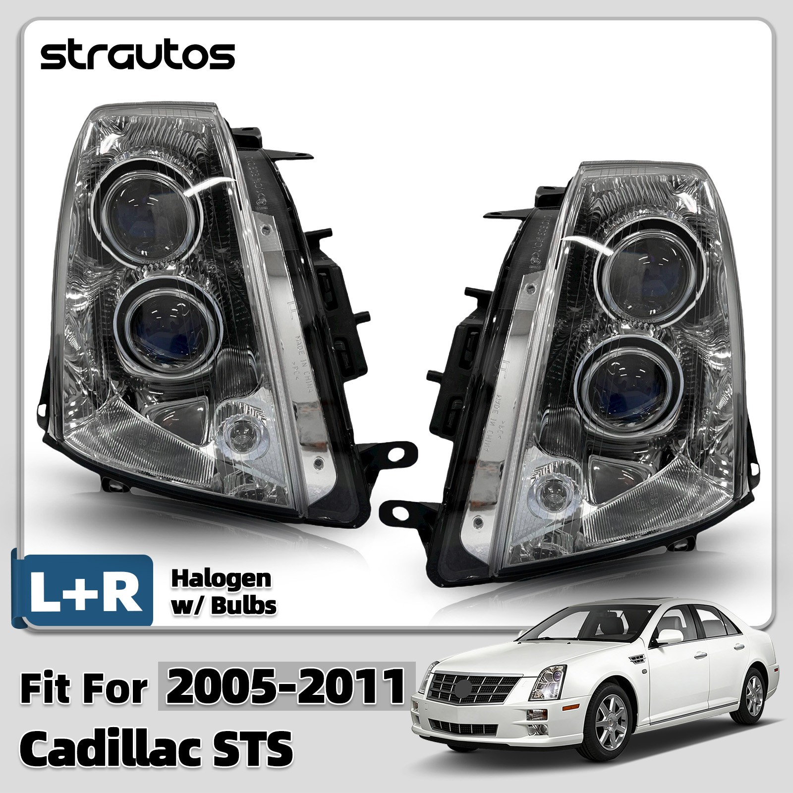 For 2005-2011 Cadillac STS Halogen Headlight w/ Bulbs Left+Right Pair