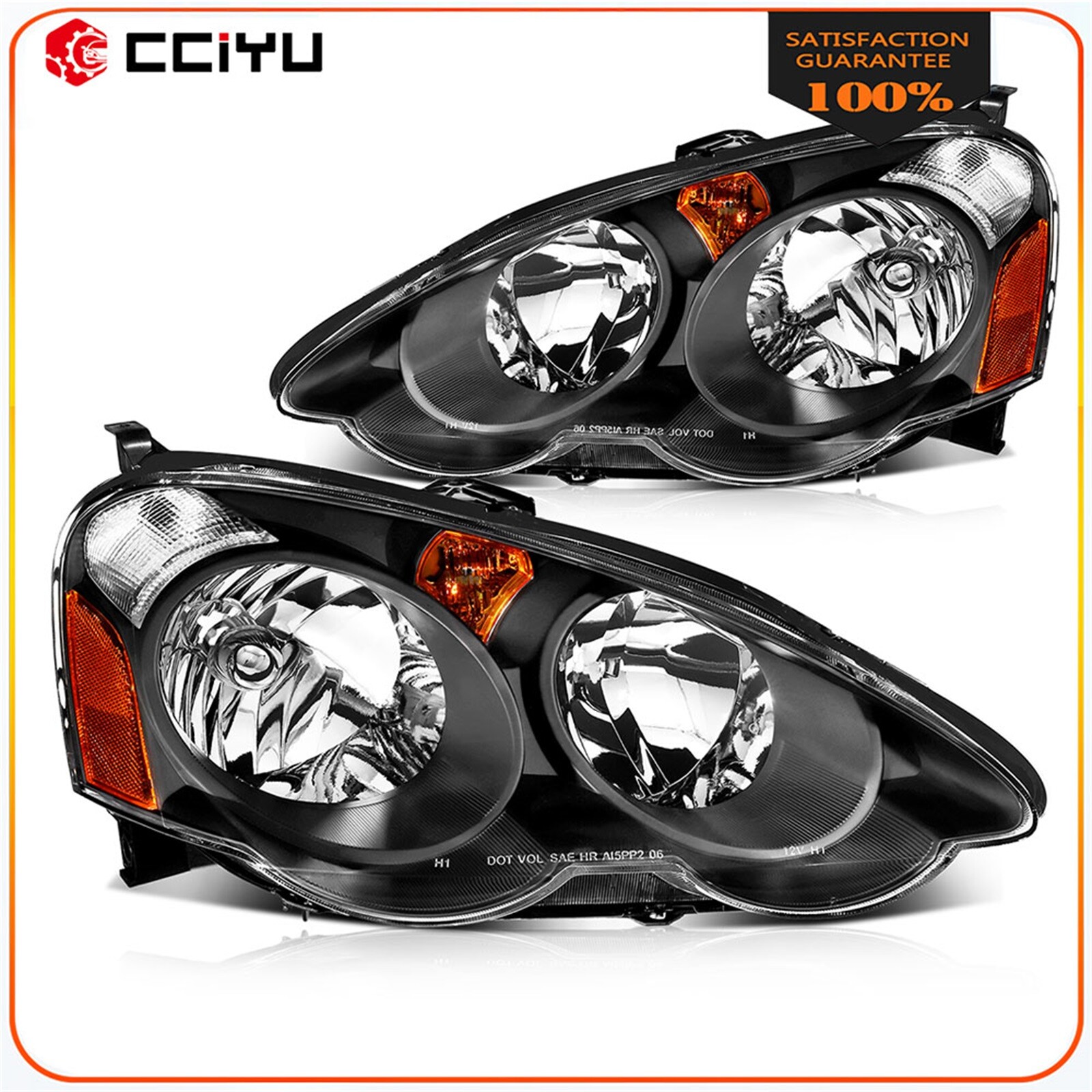 2Pcs Pair Headlights Assembly Fits 2002-2004 Acura RSX (DC5) Black Amber Set