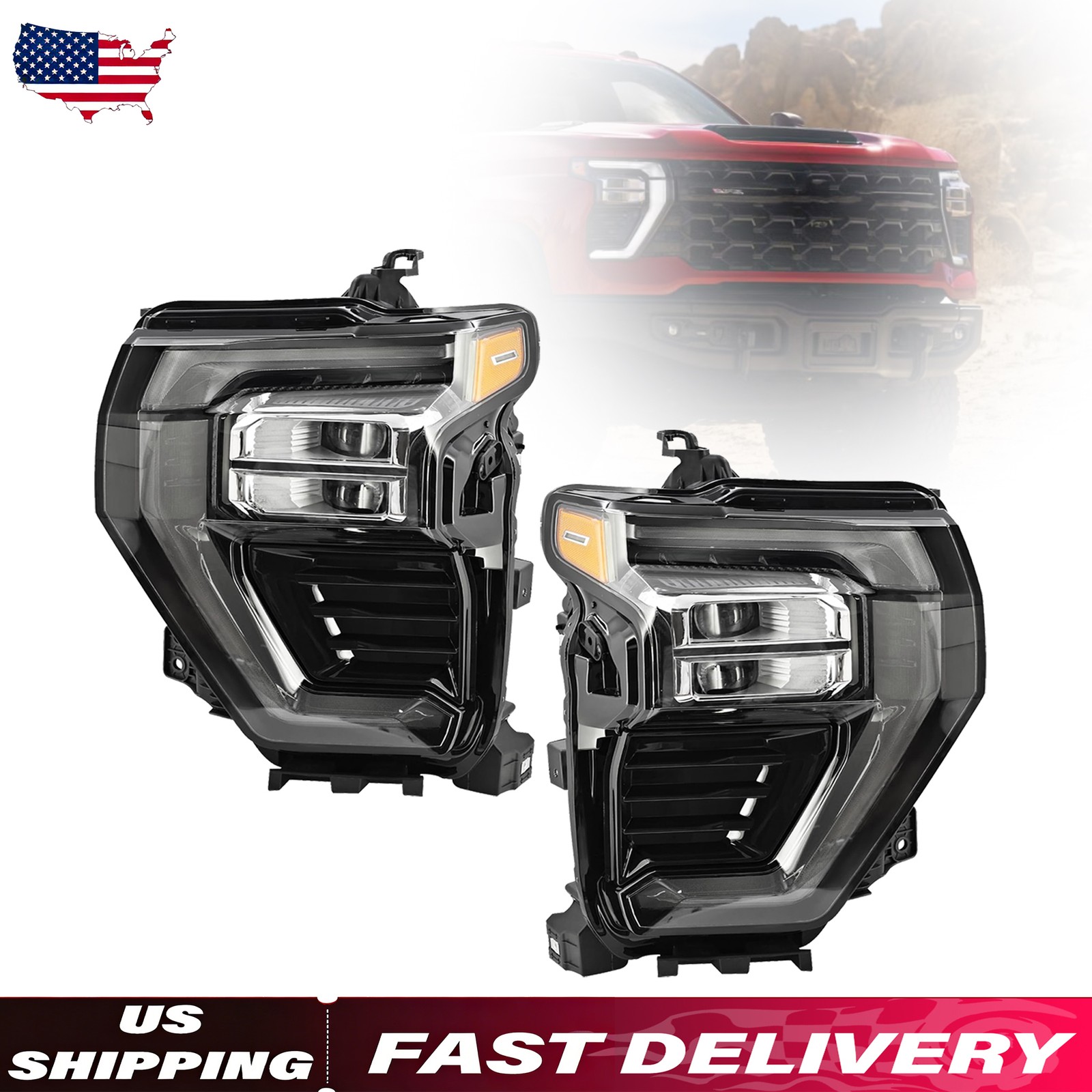 LH + RH LED Headlight Assembly For 2024 2025 2026 Chevy Silverado 2500 3500 HD
