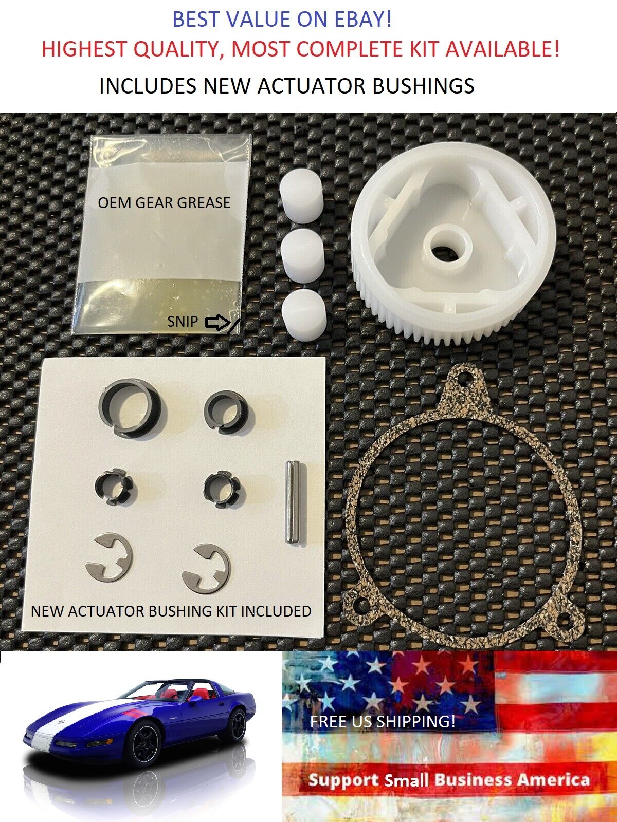 Corvette 88-96 Headlight Motor Repair Kit W/ Gear+Actuator Bushings+Instructions