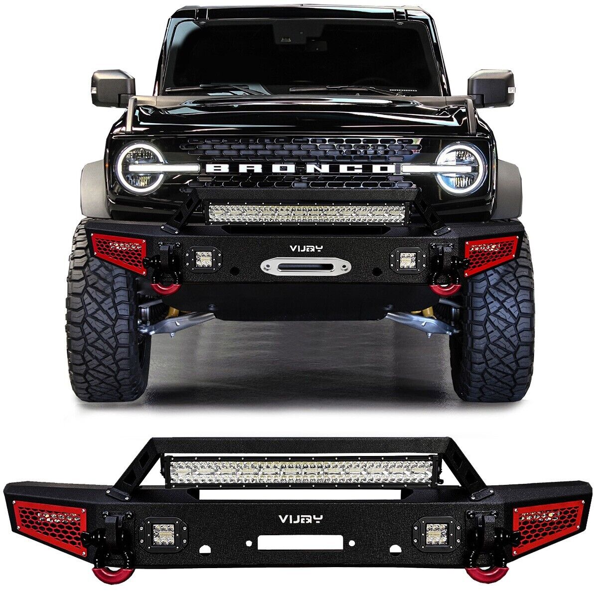 Vijay For 2021-2024 Ford Bronco Texture Front Bumper with LED Lights and D-Rings