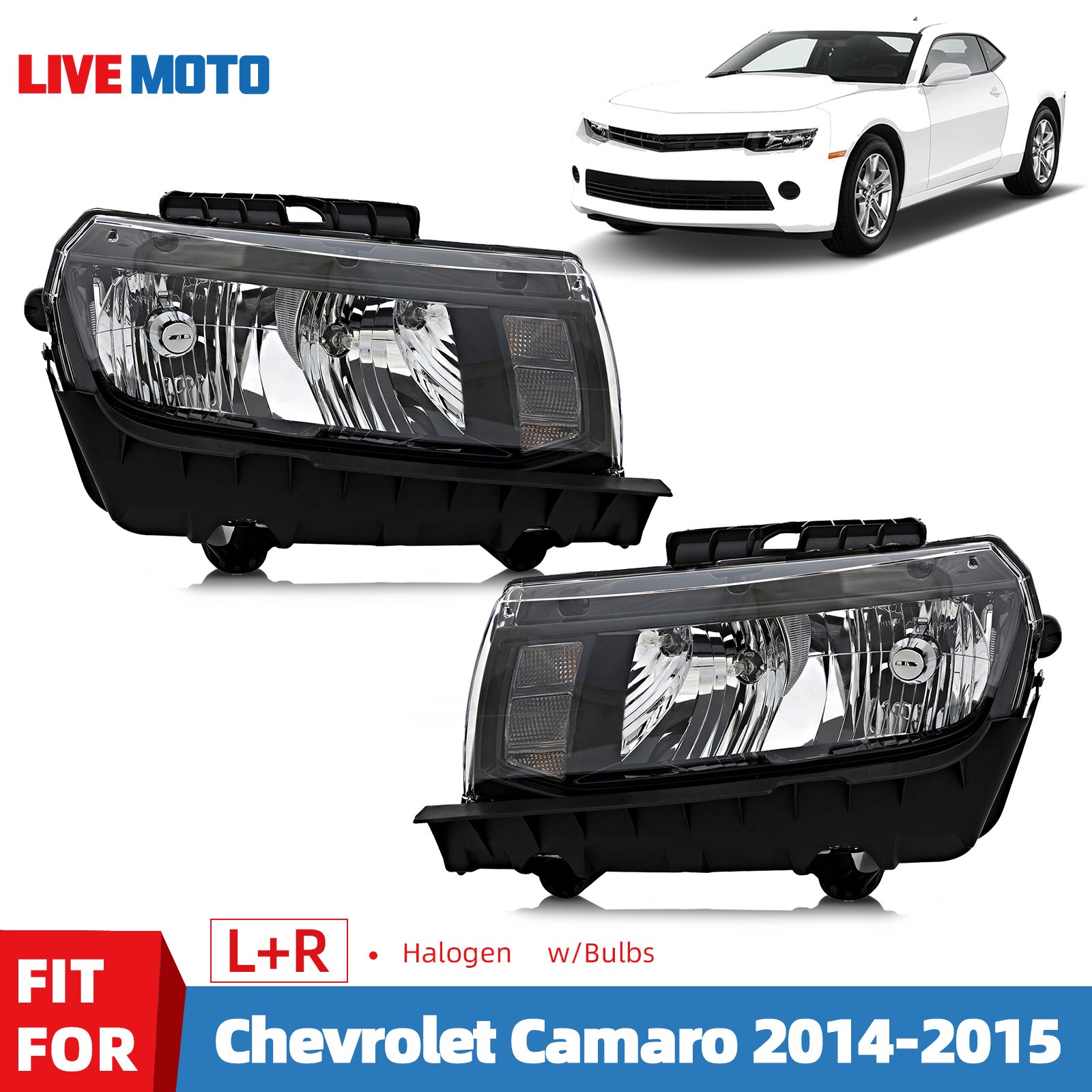 1 Pair Left+Right Headlights For 2014-2015 Chevy Camaro Black Housing with Bulbs