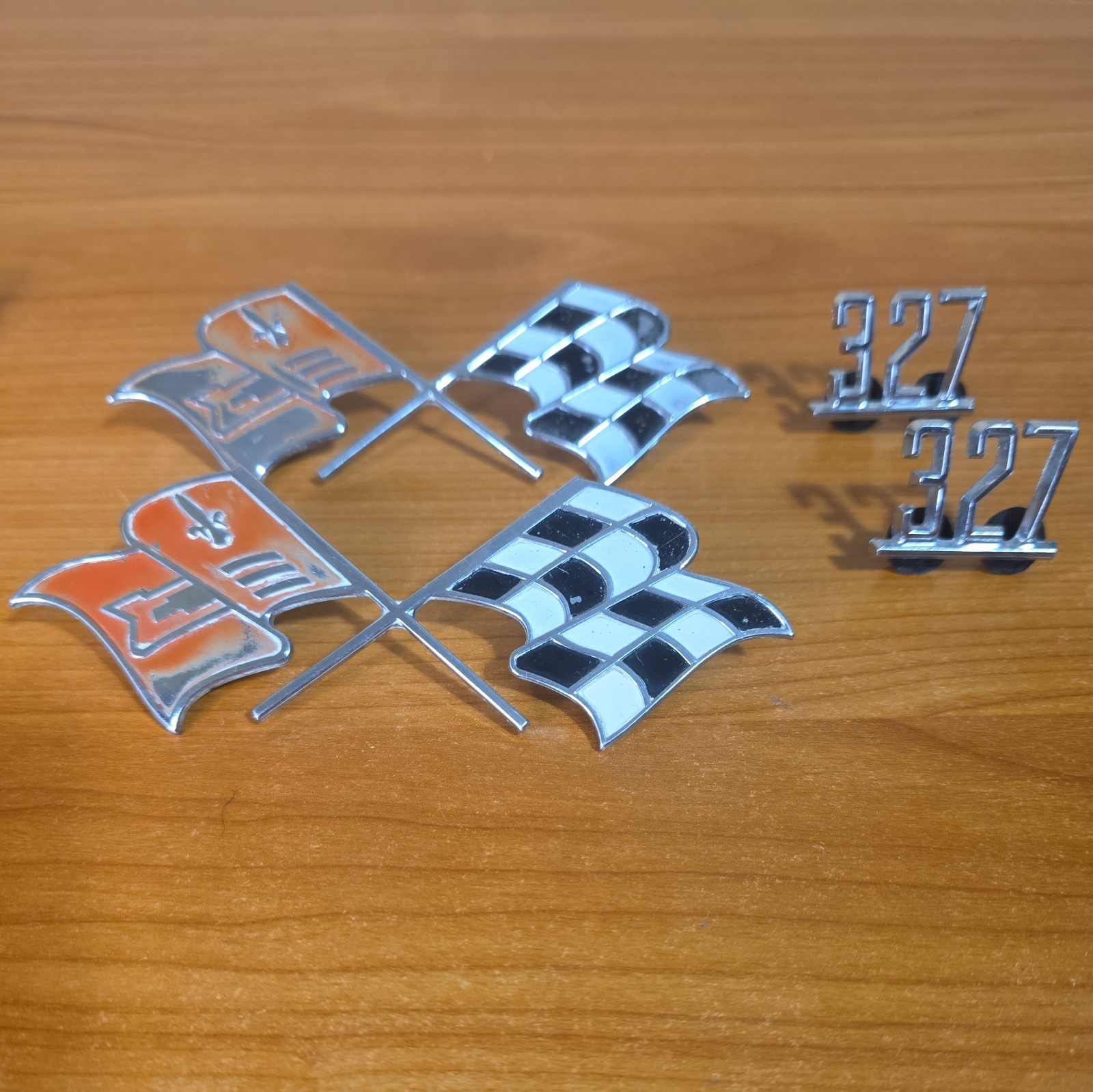 Vintage OEM GM 1957 Fuel Injection Cross Flags Emblem Pair 3742213 & 327 Badges