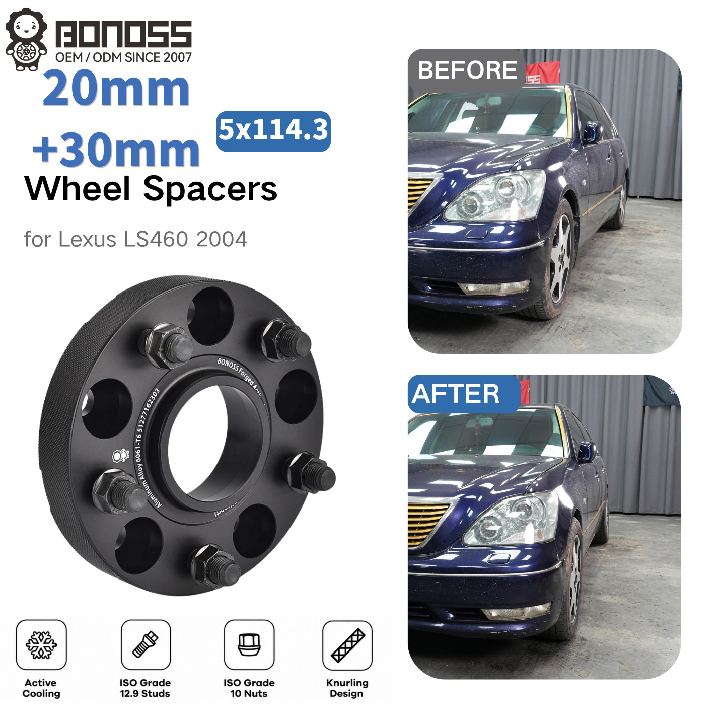 BONOSS 20mm+30mm CB60.1mm Forged 6061-T6 5x114.3 Wheel Spacers For Lexus LS460 