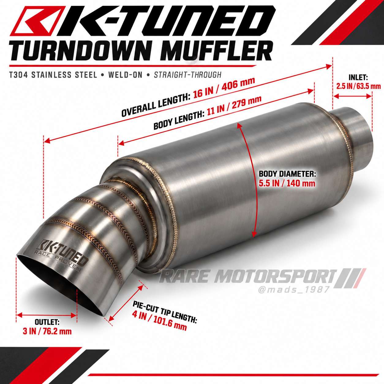 K-Tuned Turndown Exhaust Muffler T304 Stainless 2.5\