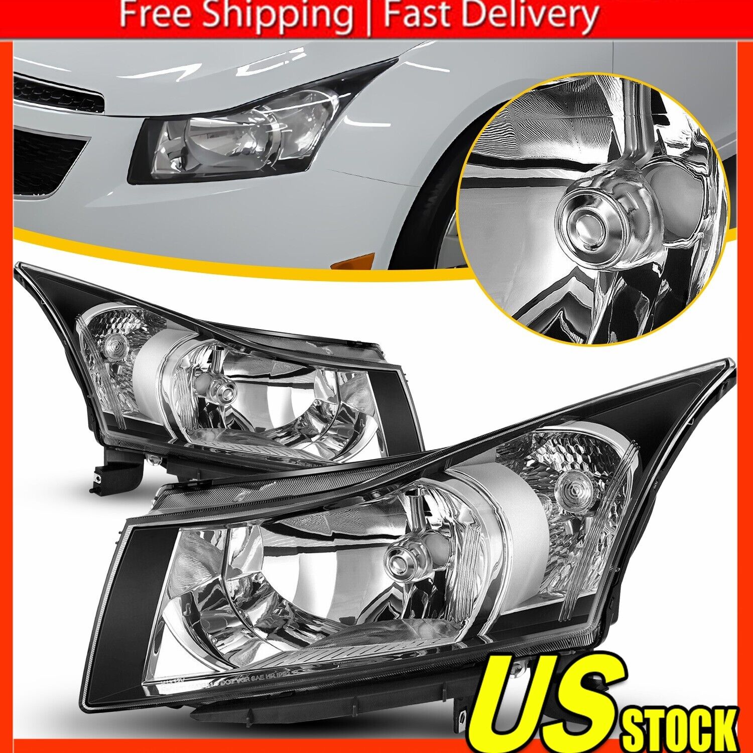 For 2011 2012 2013-2015 Chevy Cruze Headlights Headlamps Replacement Left+Right