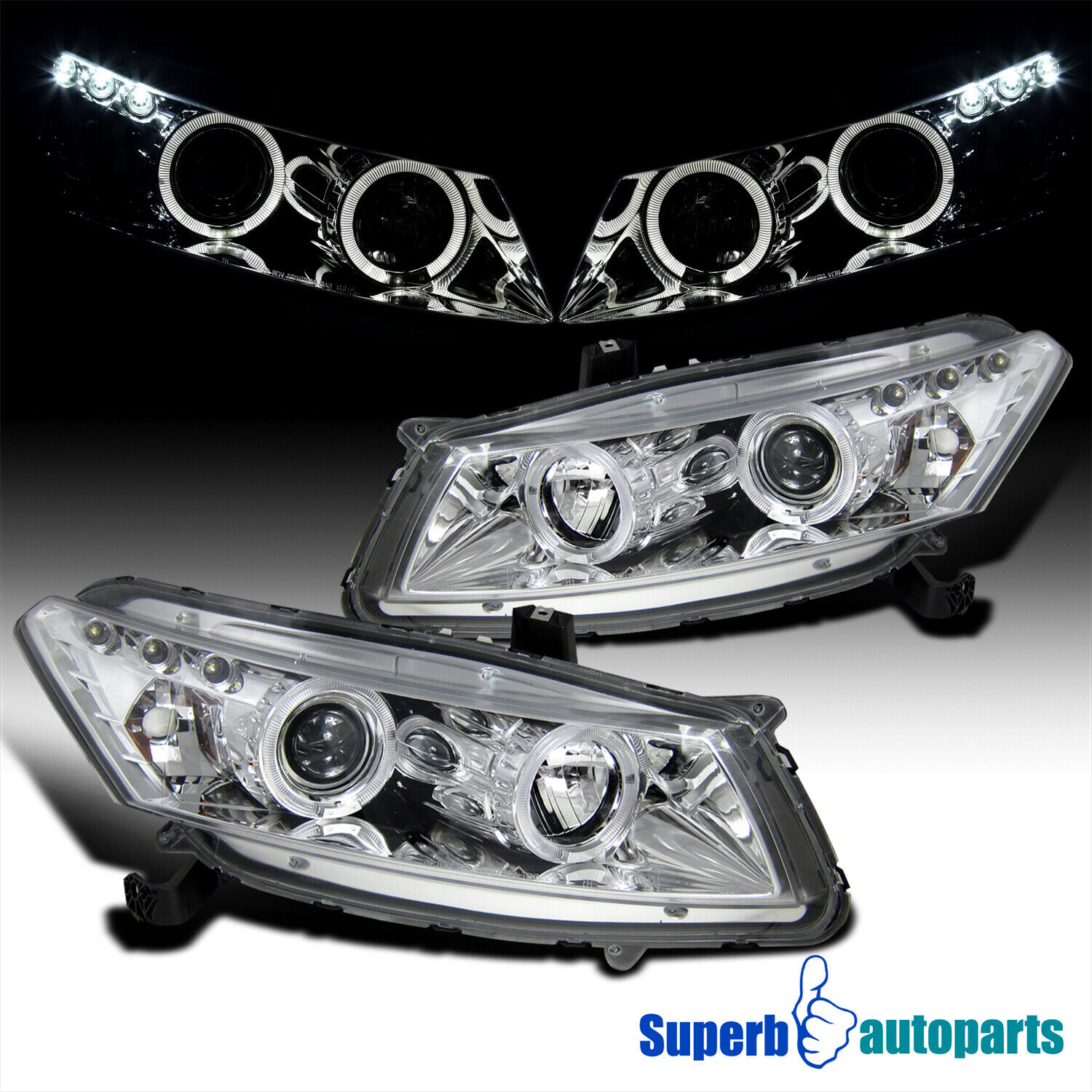 Fits 2008-2012 Honda Accord 2Dr Coupe Dual LED Halo Projector Headlights 08-12