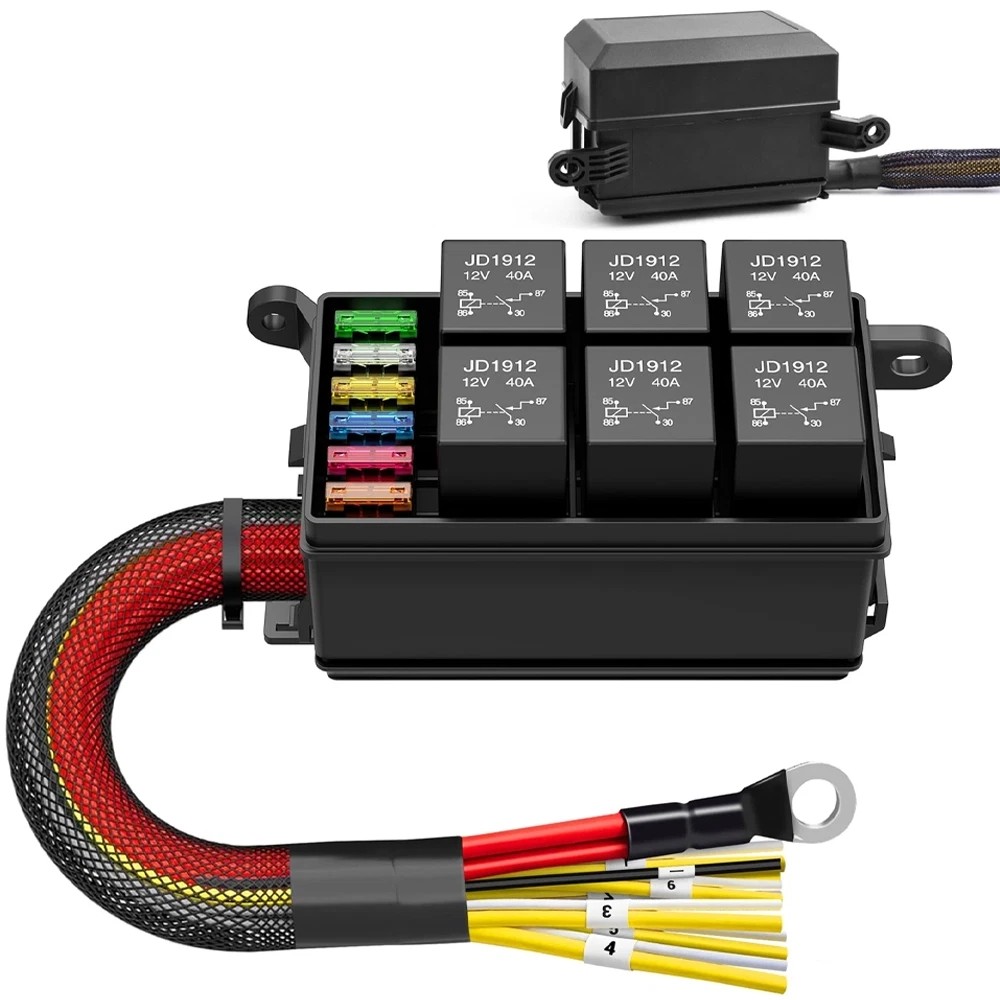 Universal Waterproof 12V Automotive 6 ATO Fuse Relay Box Block w/ Harness Marine