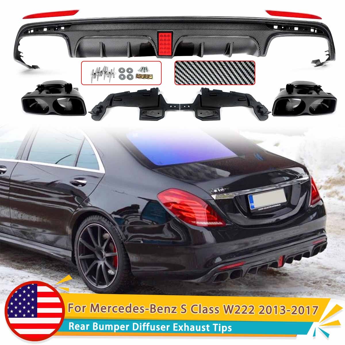 For Mercedes Benz W222 S550 S63 2013-2017 Rear Diffuser w/LED Light + Exhuast