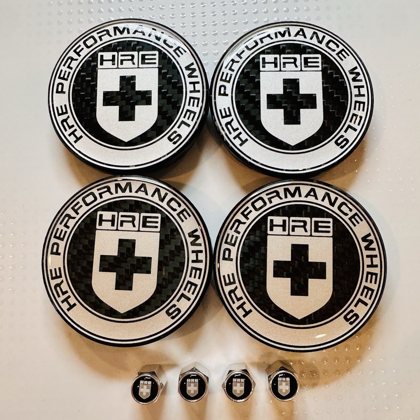4pc HRE Carbon Fiber 63mm Center Caps XC635HRE—2PC and 4pc Chrome Valve Caps