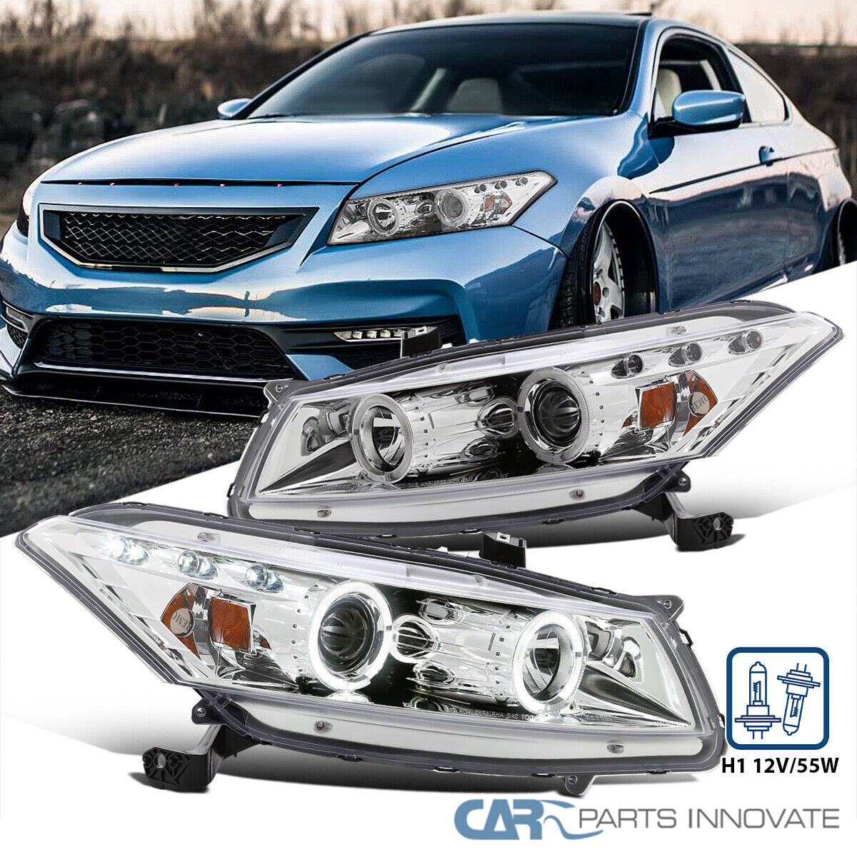 Fit 2008-2012 Honda Accord 2Dr Coupe LED Halo Projector Headlights Lamp Assembly