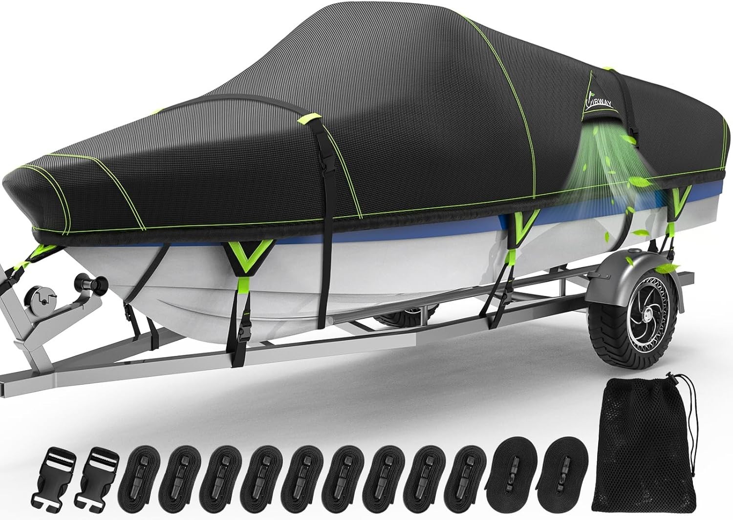  1200D Heavy Duty Waterproof V-Hull Boat Cover, 22-24ft Trailerable with Night S