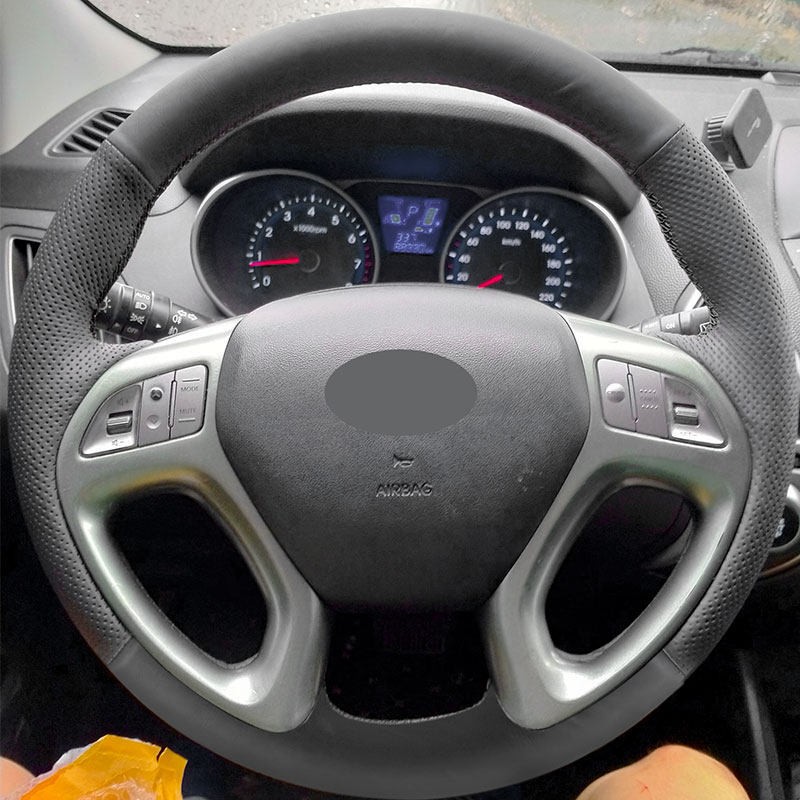 Black Hand Sew Leather Steering Wheel Cover Trim For Hyundai ix35 Tucson 2011-15