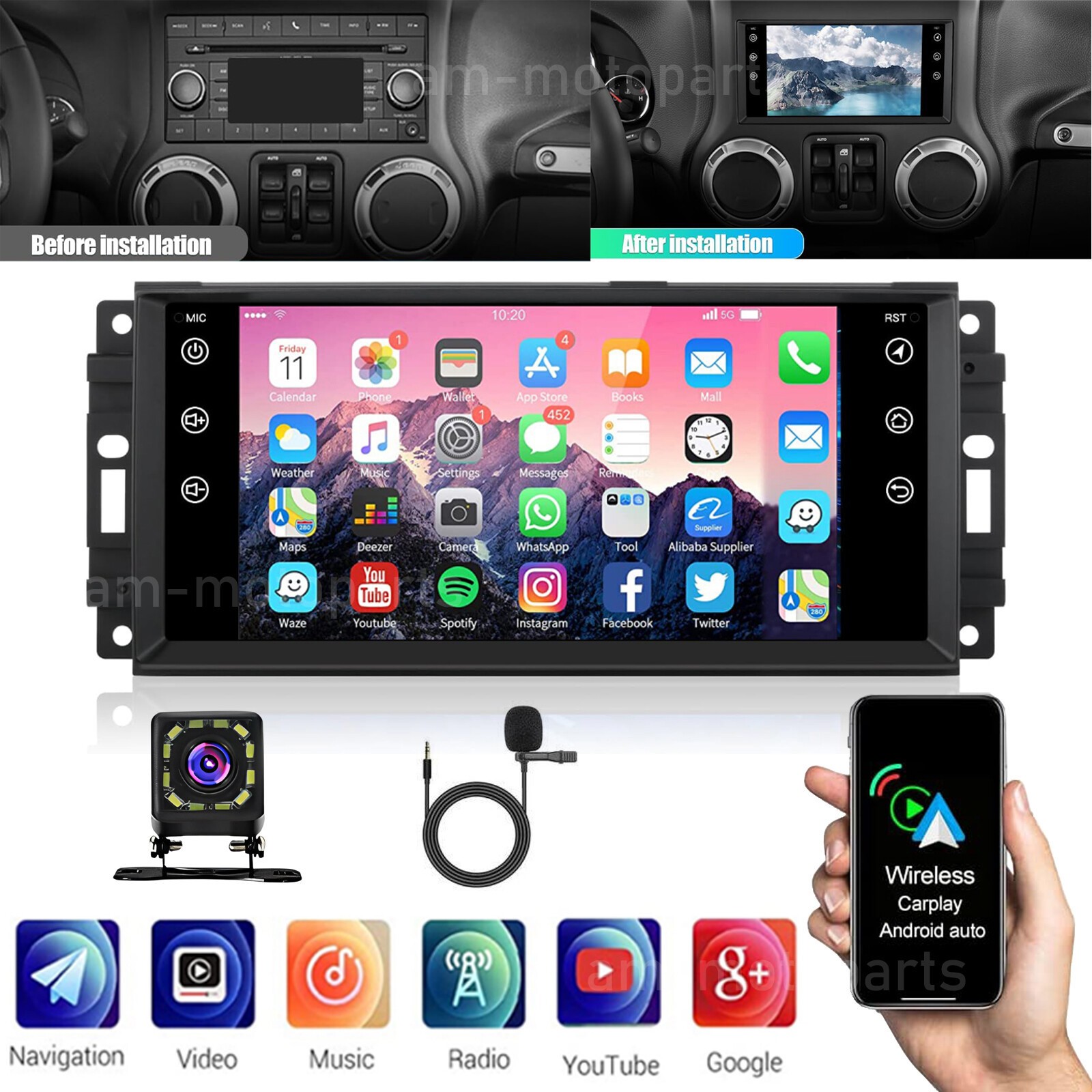 Para 2007-2007 Jeep Grand Cherokee Apple Carplay Radio de coche GPS estéreo WIFI