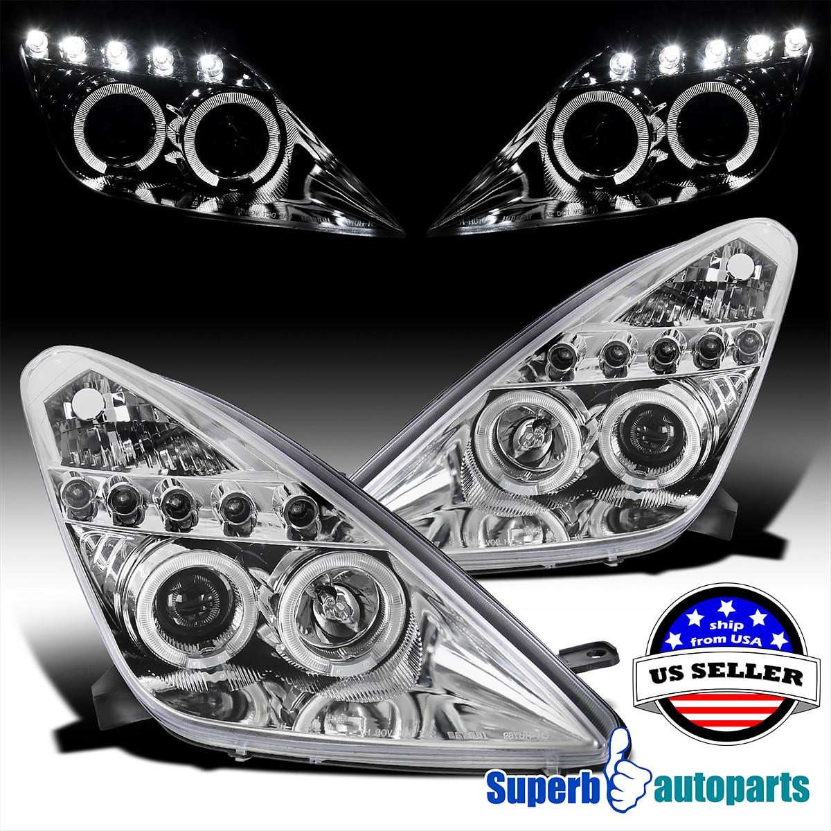 Fits 2000-2005 Toyota Celica Dual Halo Projector Headlight 00-05 LED Bar Lamps