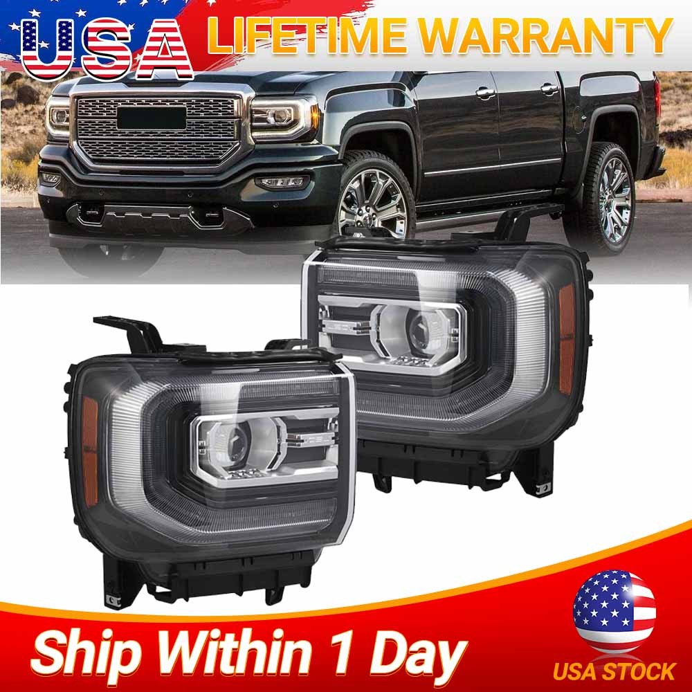 2X Full LED Projector Headlight Headlamp Right+Left For GMC Sierra 1500 16-18