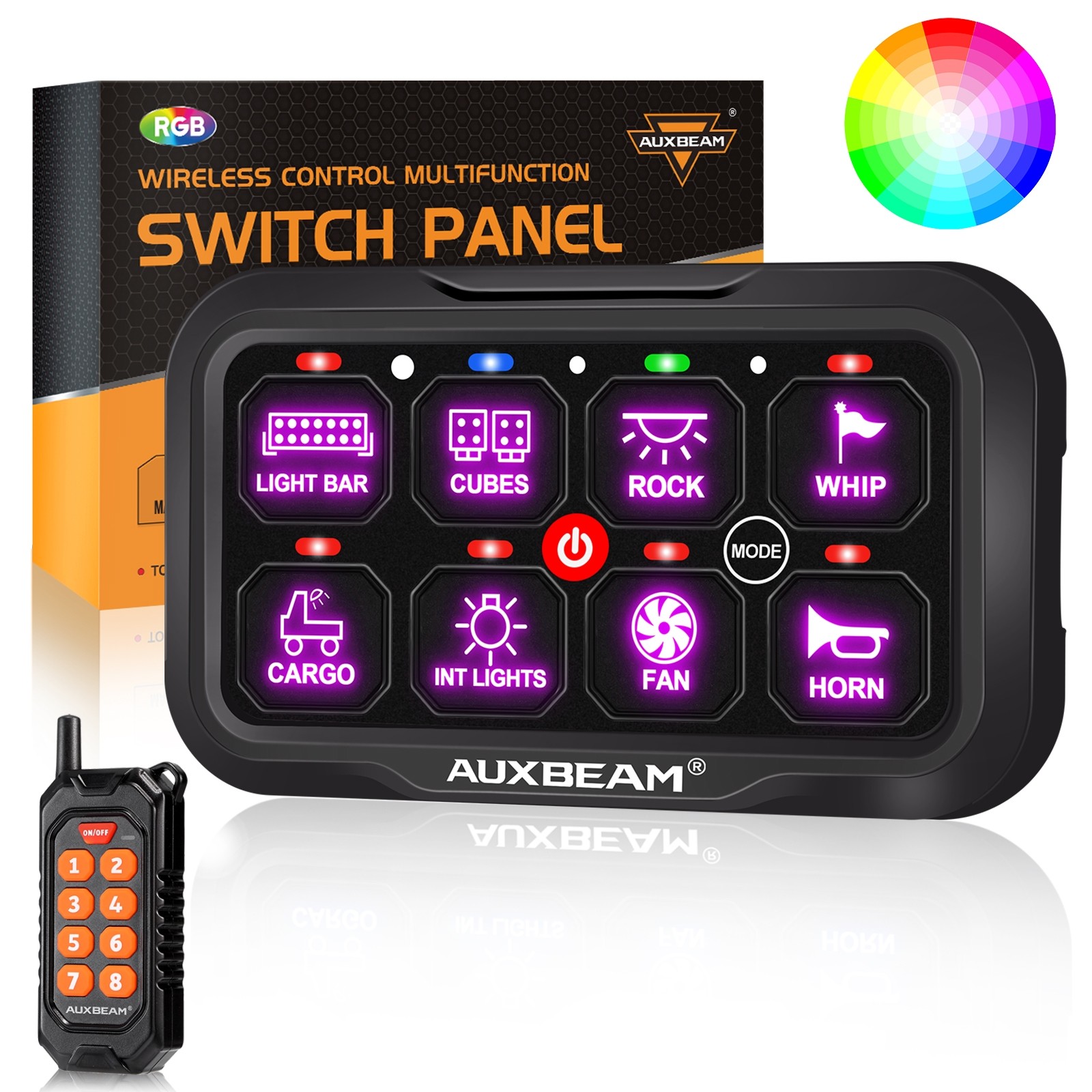 AUXBEAM RC800 RGB 8 Gang Switch Panel Toggle Momentary Pulsed Remote Control Box