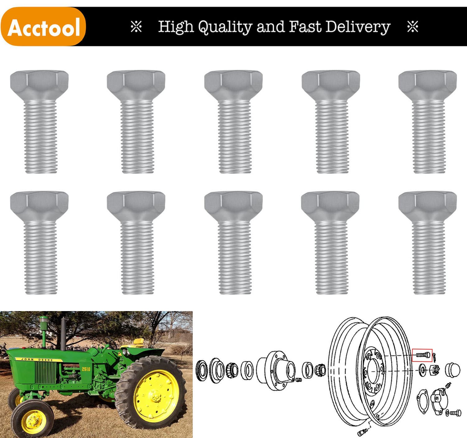 10Pcs JD16 Front Wheel Hub Lug Bolts 9/16-18 x 1-1/8\