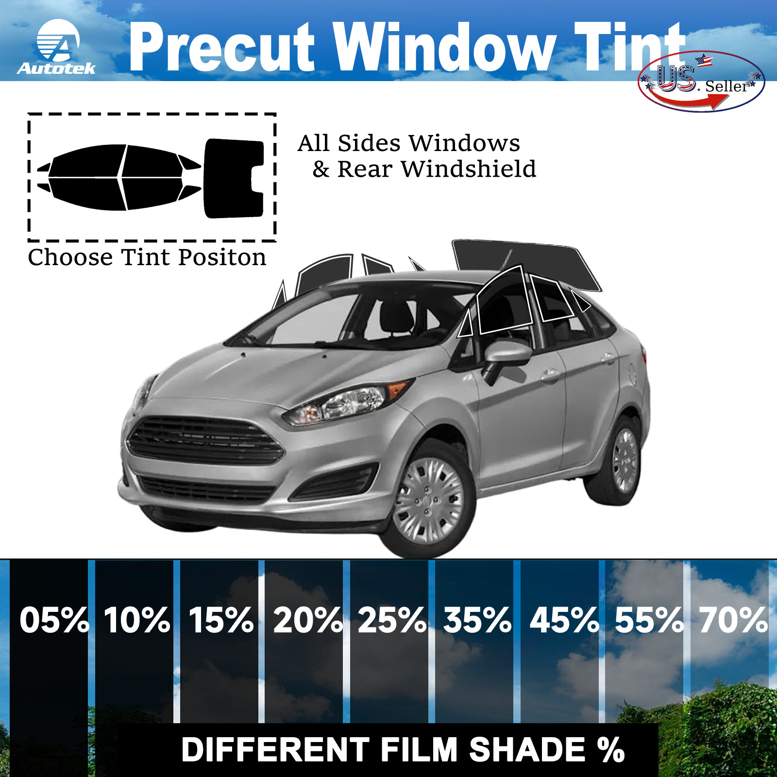 PreCut All Sides Window Film Any Tint Shade % For Ford Fiesta Sedan 2011-2019