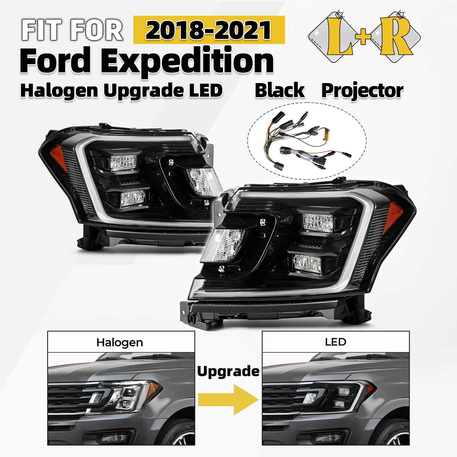 Halogen Upgrade LED Headlight For 2018-2021 Ford Expedition Black Projector Pair