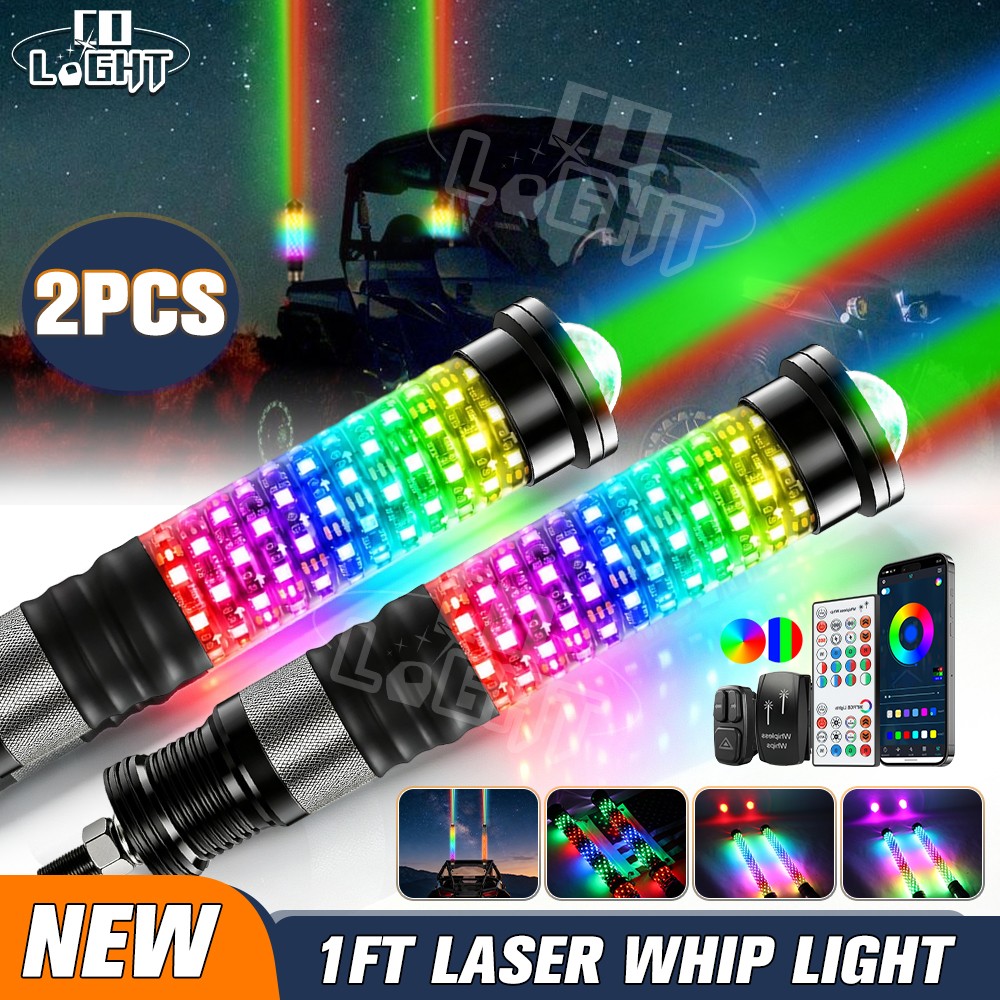 Pair 1FT Fat LED Whip Lights Spiral RGB Chasing Laser APP/RF Control UTV ATV 4WD
