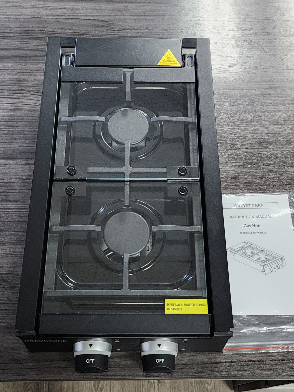 Greystone RV Gas Double Burner Cooktop w/ Hinged Tempered Glass Cover