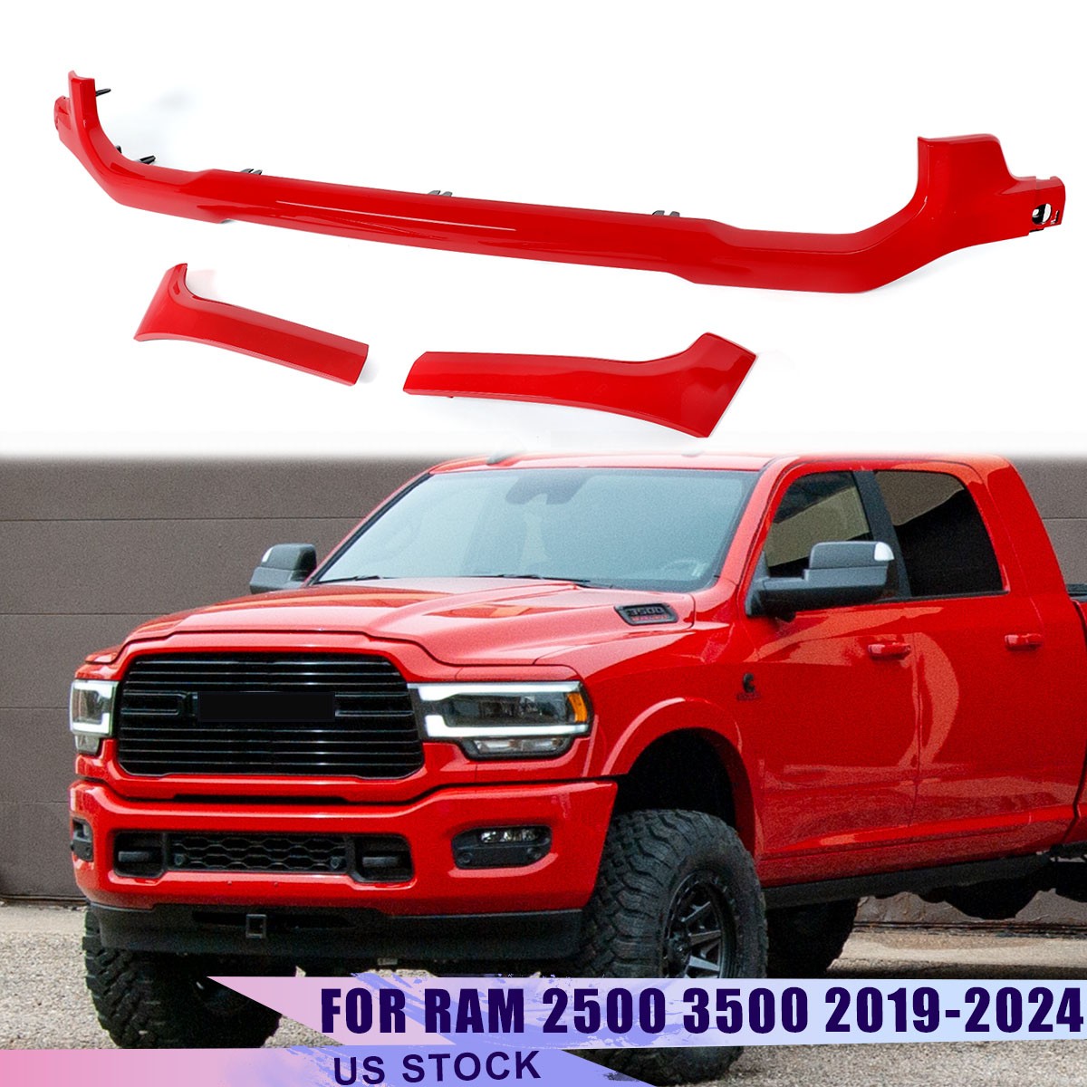 Flame Red Set For 2019-24 Ram 2500 3500 Front Lower Grill Headlight Molding Trim