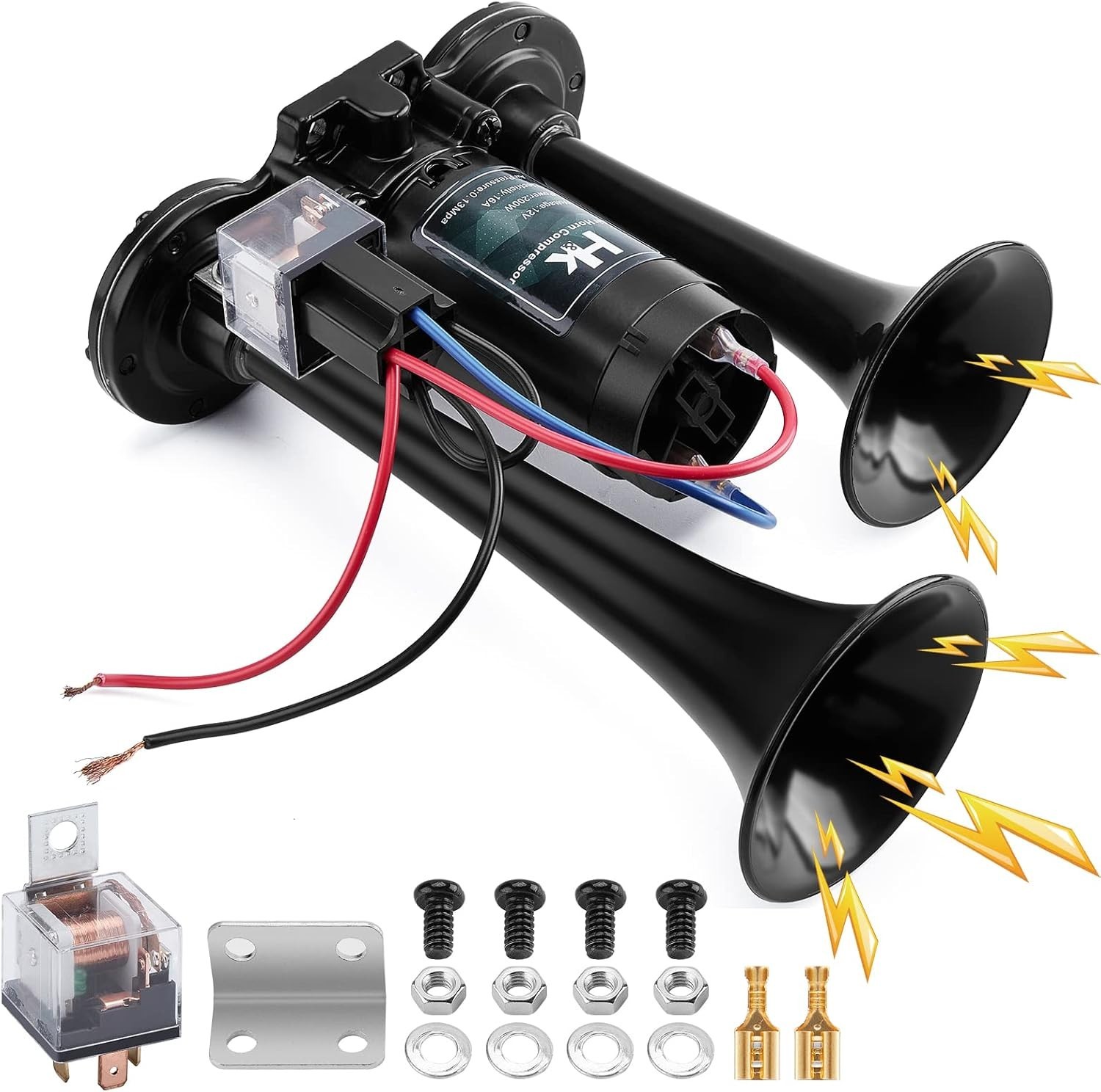 HK 12V 150db Air Horn for Truck, Super Loud Dual Trumpet Air Horn Kit with Co... HK 12V 150db Air Horn for Truck, Super Loud Dual Trumpet Air Horn Kit with Co...