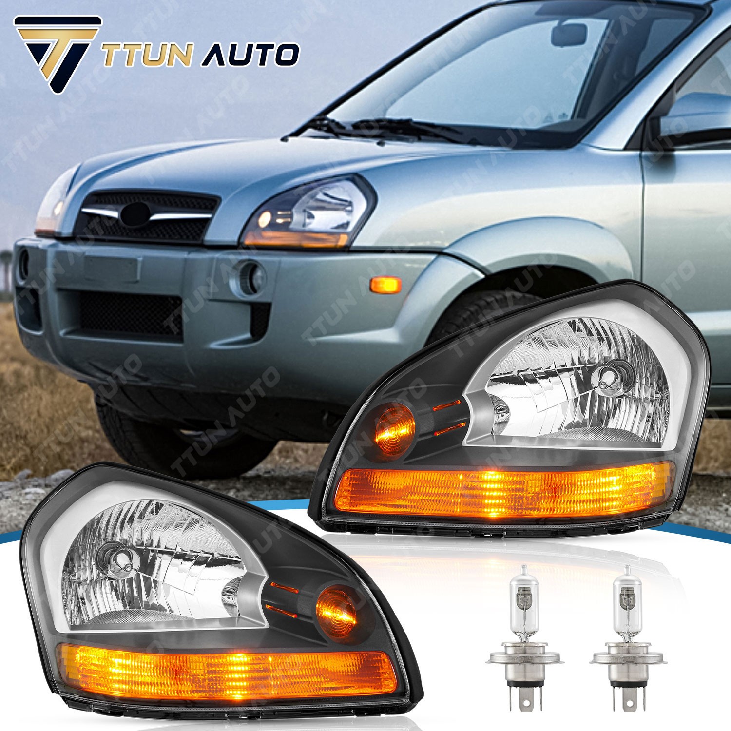 Pair For 2005-2009 Hyundai Tucson Halogen Headlights Headlamp Left & Right