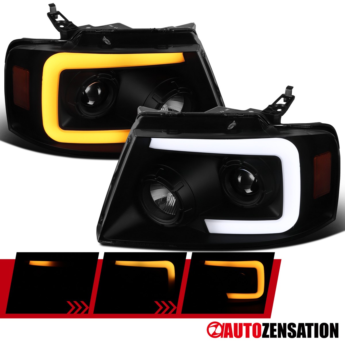 Fit 2004-2008 Ford F-150 Smoke LED Tube Projector Headlights Sequential Signal Fit 2004-2008 Ford F-150 Smoke LED Tube Projector Headlights Sequential Signal