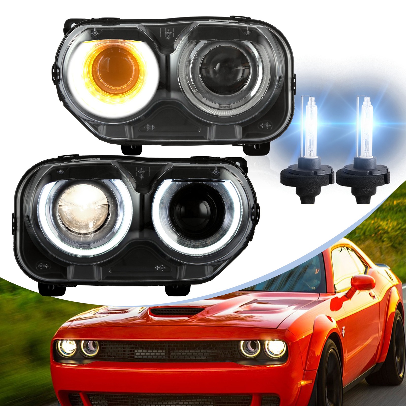 VLAND Headlights RGB DRL+D2H Bulbs Kits Set For 2015-2023 Dodge Challenger GT