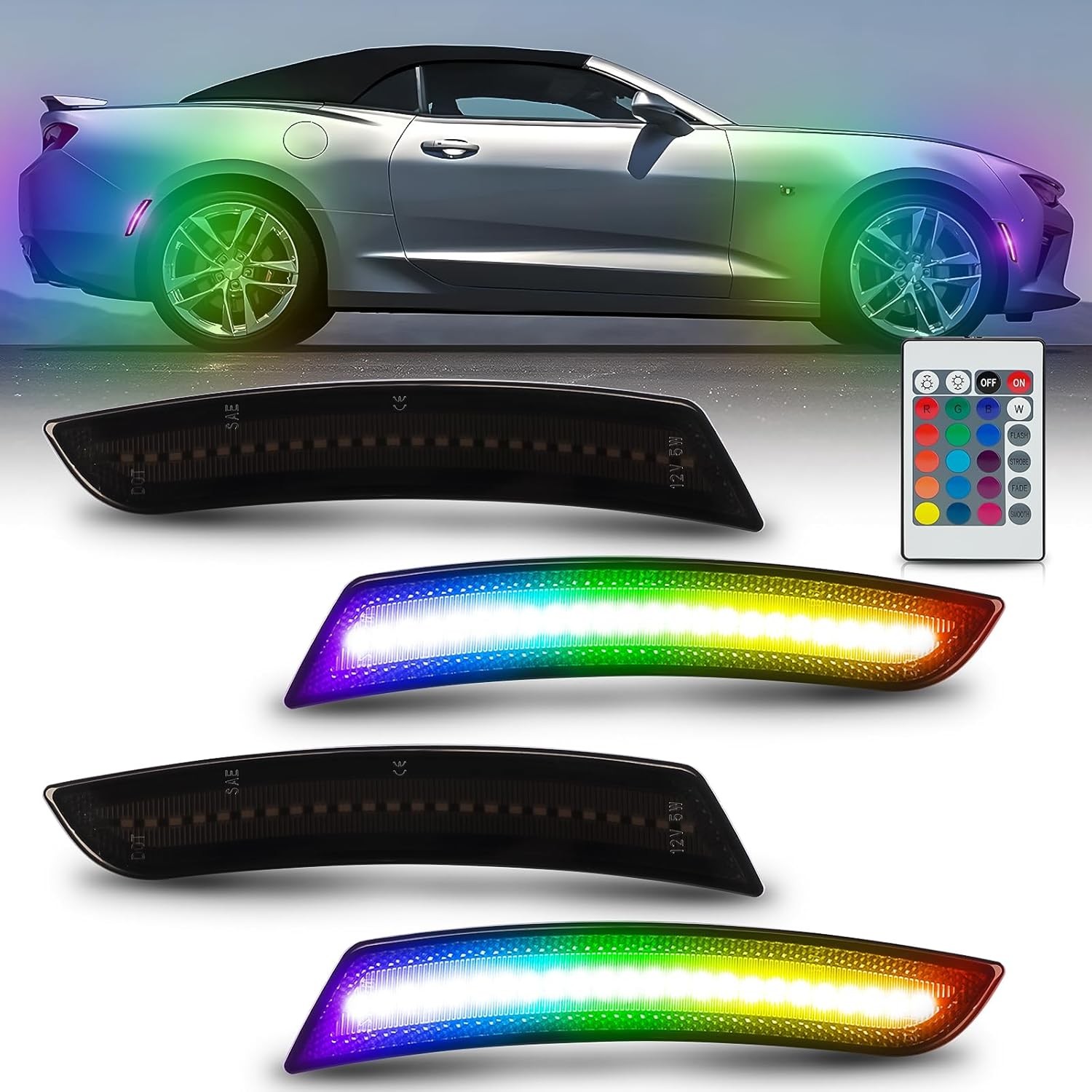 RGB For 16-24 Chevy Camaro LED Front Rear Side Marker Lights Smoked Multi Color