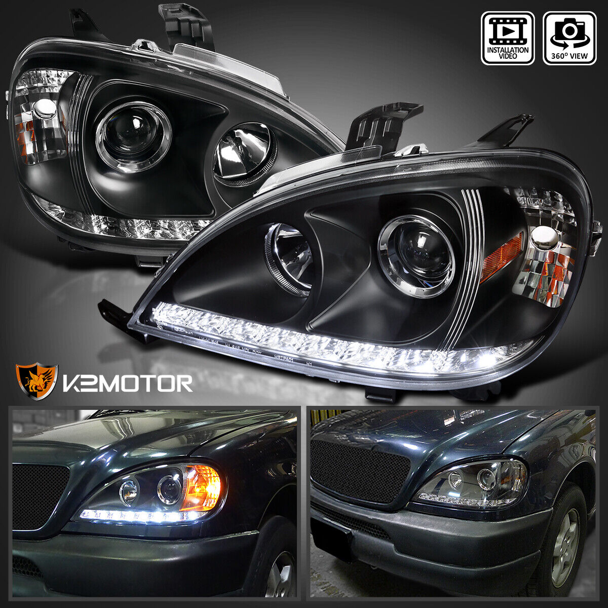 Black Fits 2002-2005 Mercedes W163 ML350 ML500 ML LED Strip Projector Headlights