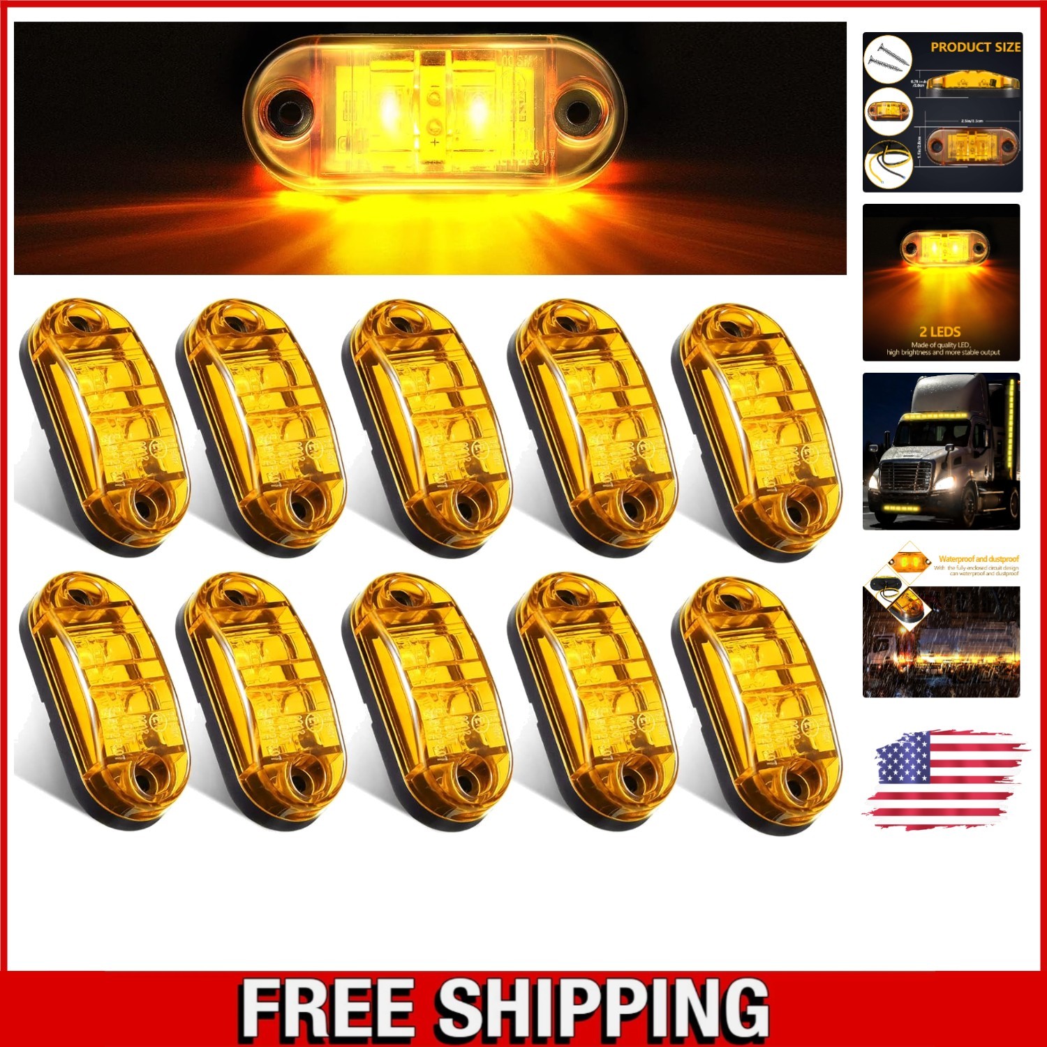 Versatile 10 Pcs Waterproof LED Trailer Side Running Lights - Amber & Reliable