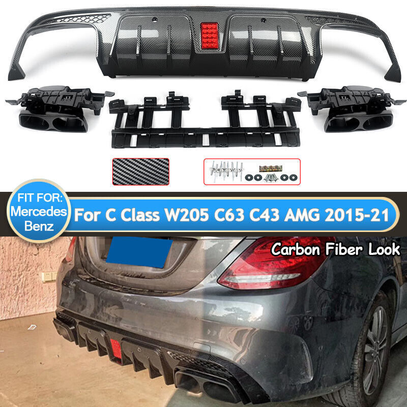 B STYLE LED BUMPER DIFFUSER + Carbon EXHAUST TIPS FOR 15~21 BENZ W205 C63 C43